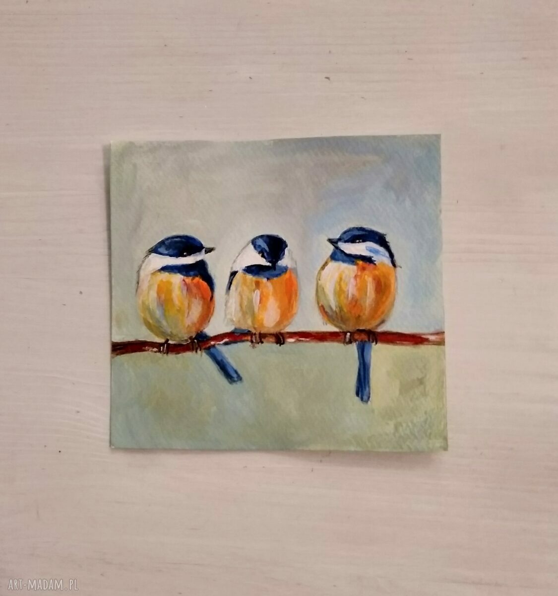 Trzy sikorki - ręcznie malowana ilustracja ptaków 14x15 cm