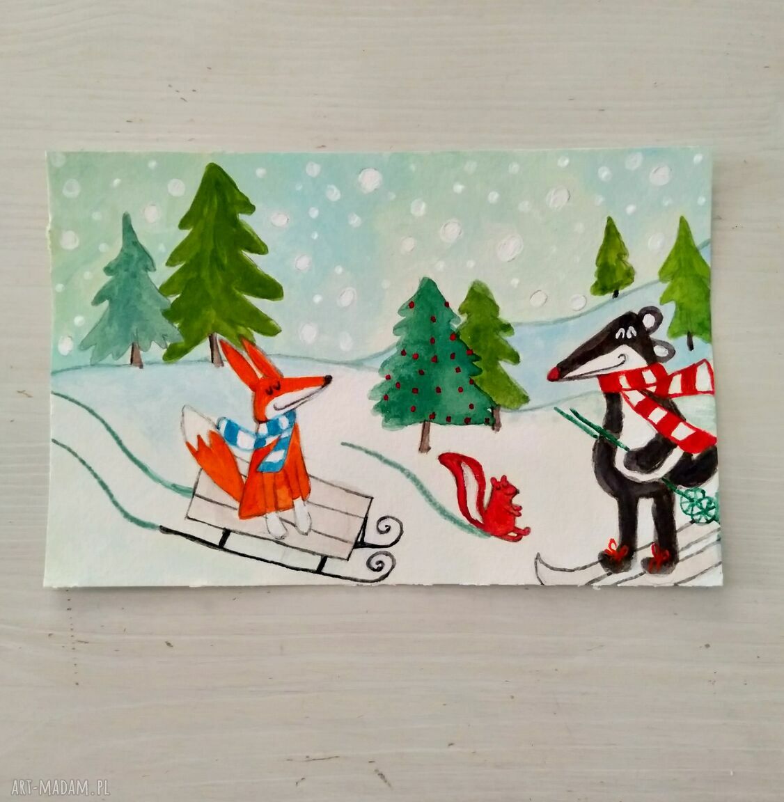 Zimowy lisek - bajkowa ilustracja ręcznie malowana 15x23 cm