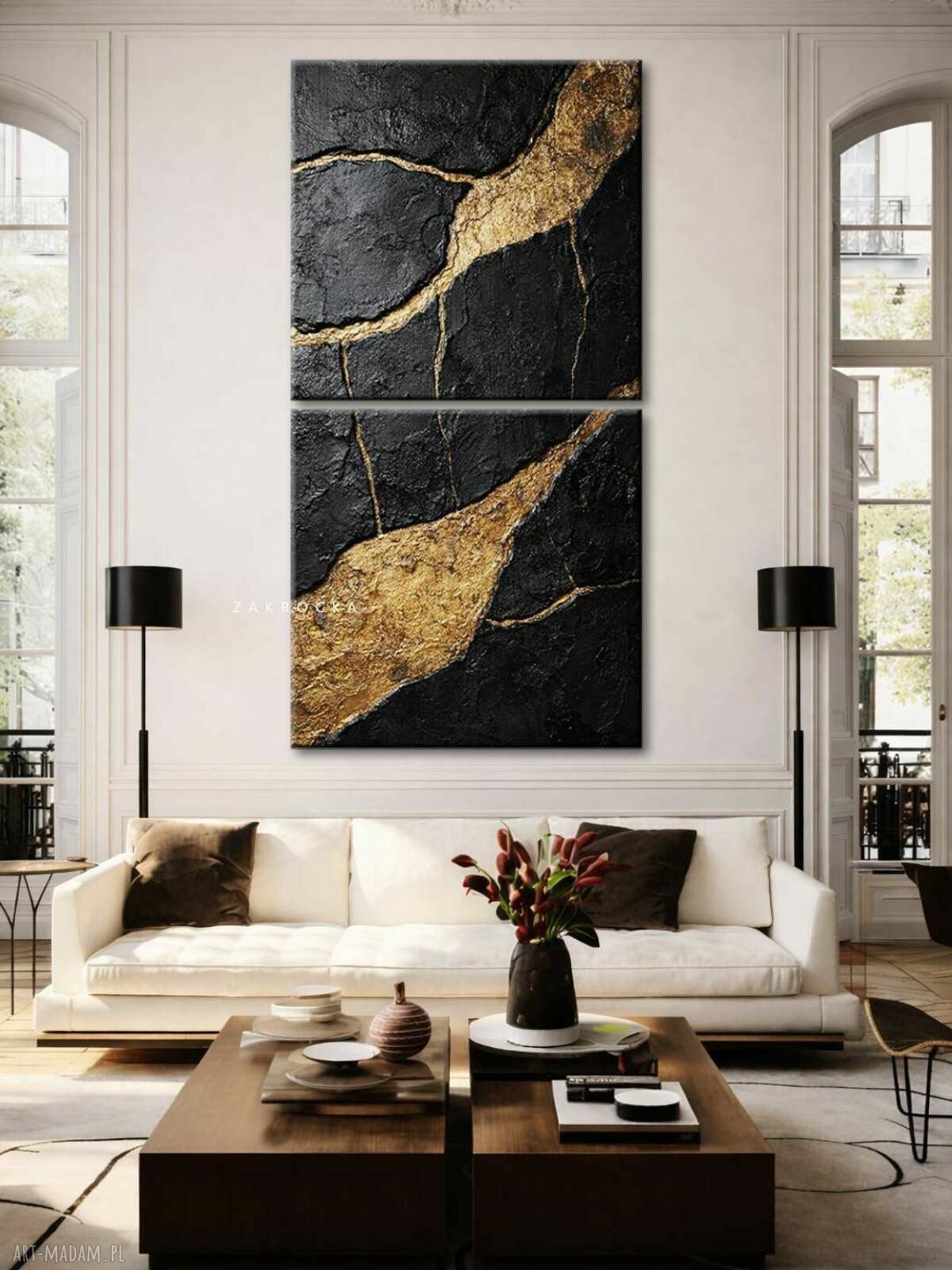 Obraz strukturalny złoto i czerń do salonu - dyptyk 80x160 cm