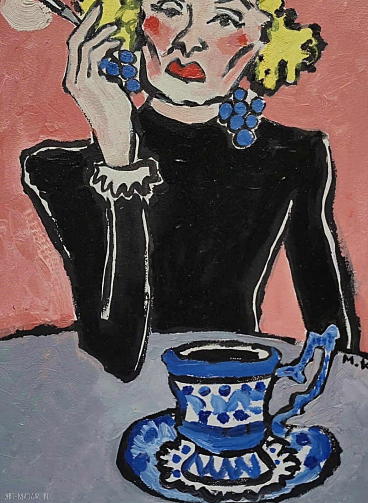 Obraz olejny ręcznie malowany Dama Lili Marleen ekspresyjny portret kobiety 21 x 29 cm
