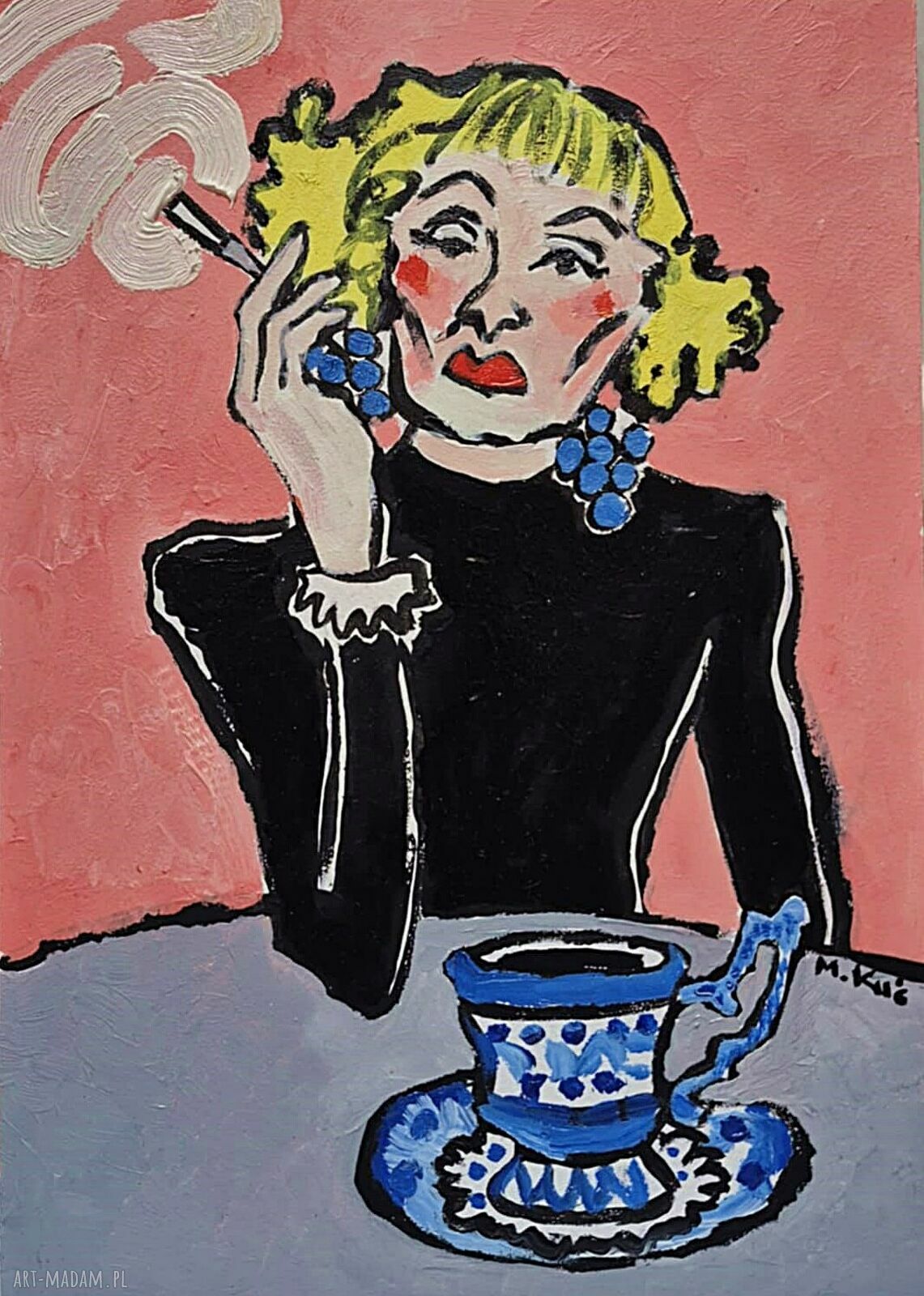 Obraz olejny ręcznie malowany Dama Lili Marleen - ekspresyjny portret kobiety 21 x 29 cm