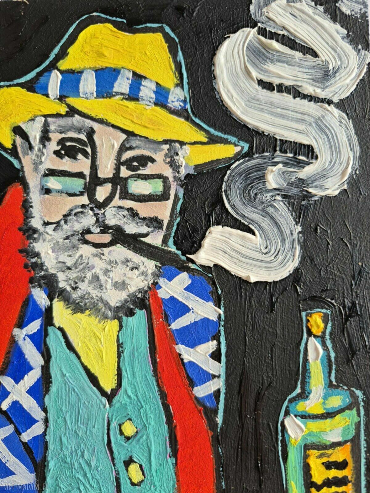 Obraz olejny portret dziadka i czarne koty limitowana kompozycja
