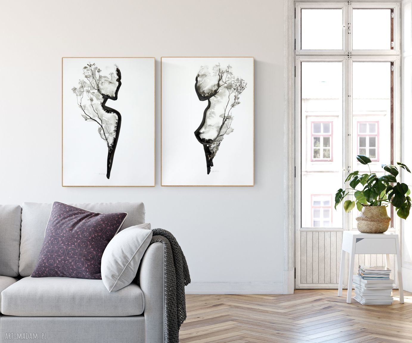 Zestaw 2 grafik 50x70 cm ręcznie malowanych tuszem - Body Flowers