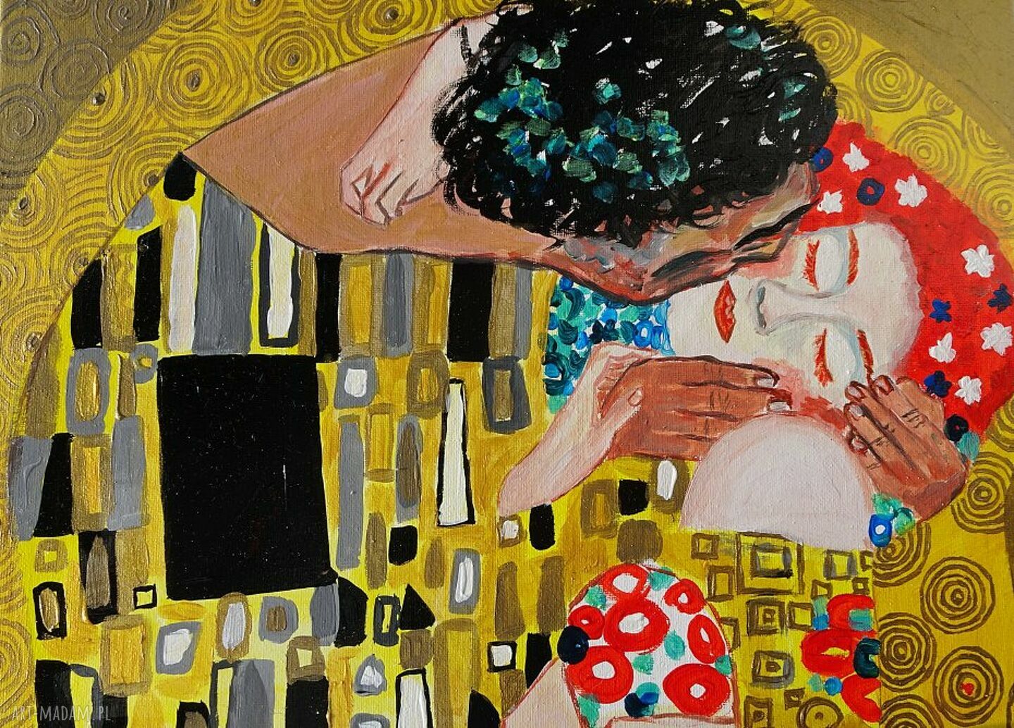 Ręcznie malowany obraz „Pocałunek” Gustava Klimta do salonu akryl na płótnie 30x40 cm art Madam.pl