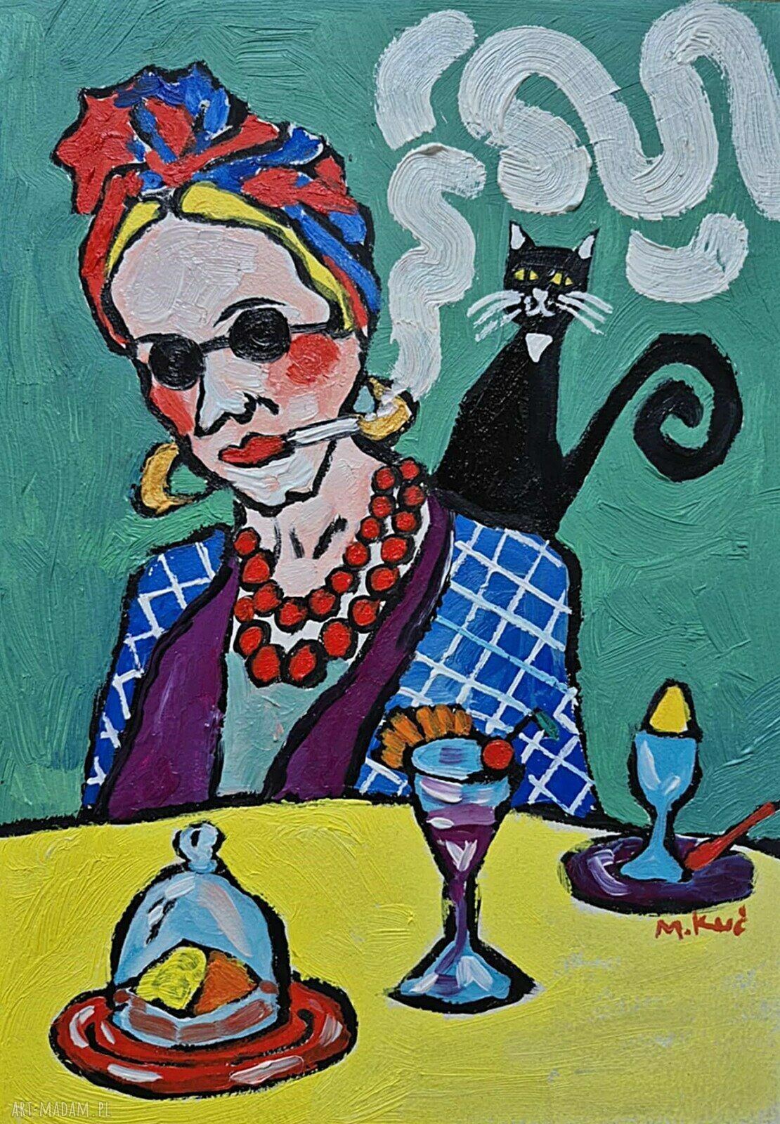 Obraz do salonu: Dama z kotem, malowany olejami 21x29 cm