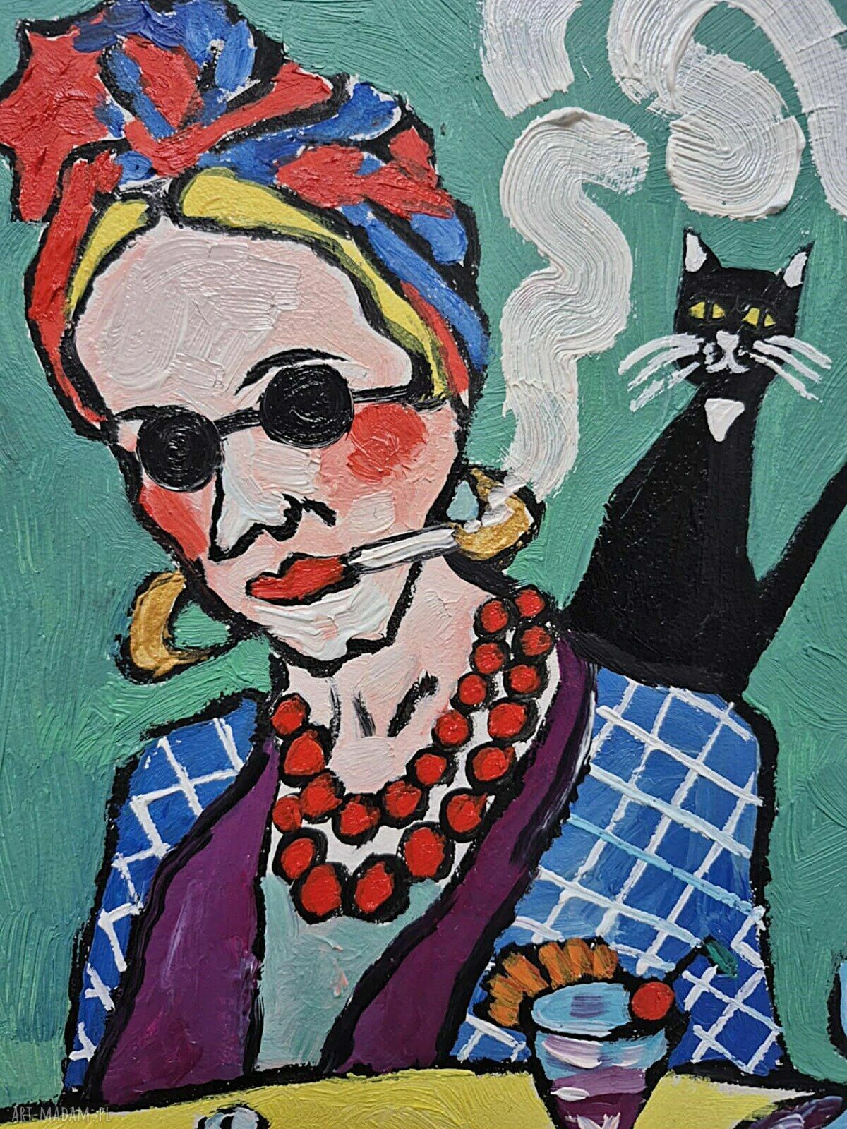 Obraz do salonu: Dama z kotem, malowany olejami 21x29 cm