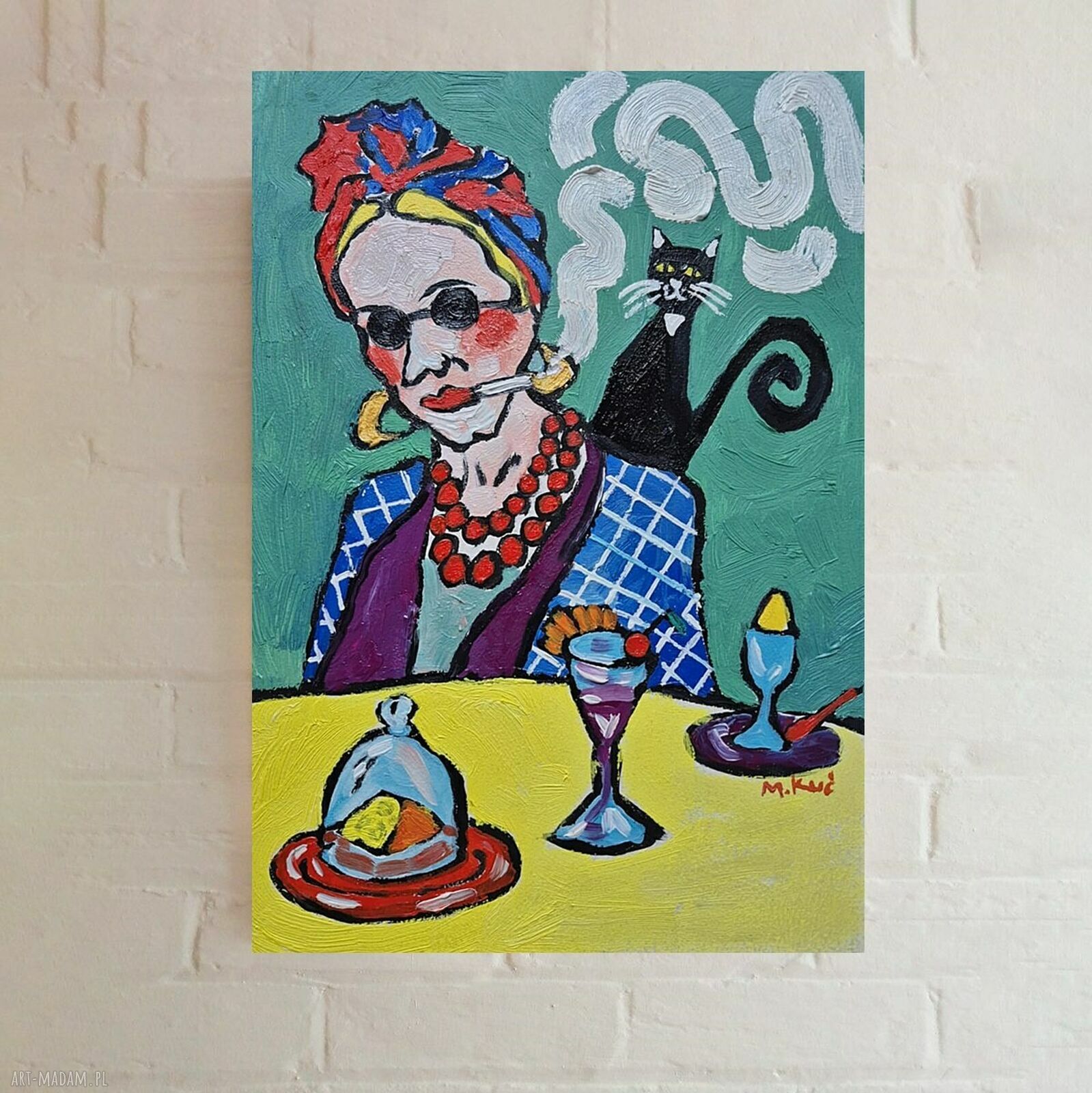 Obraz do salonu: Dama z kotem, malowany olejami 21x29 cm