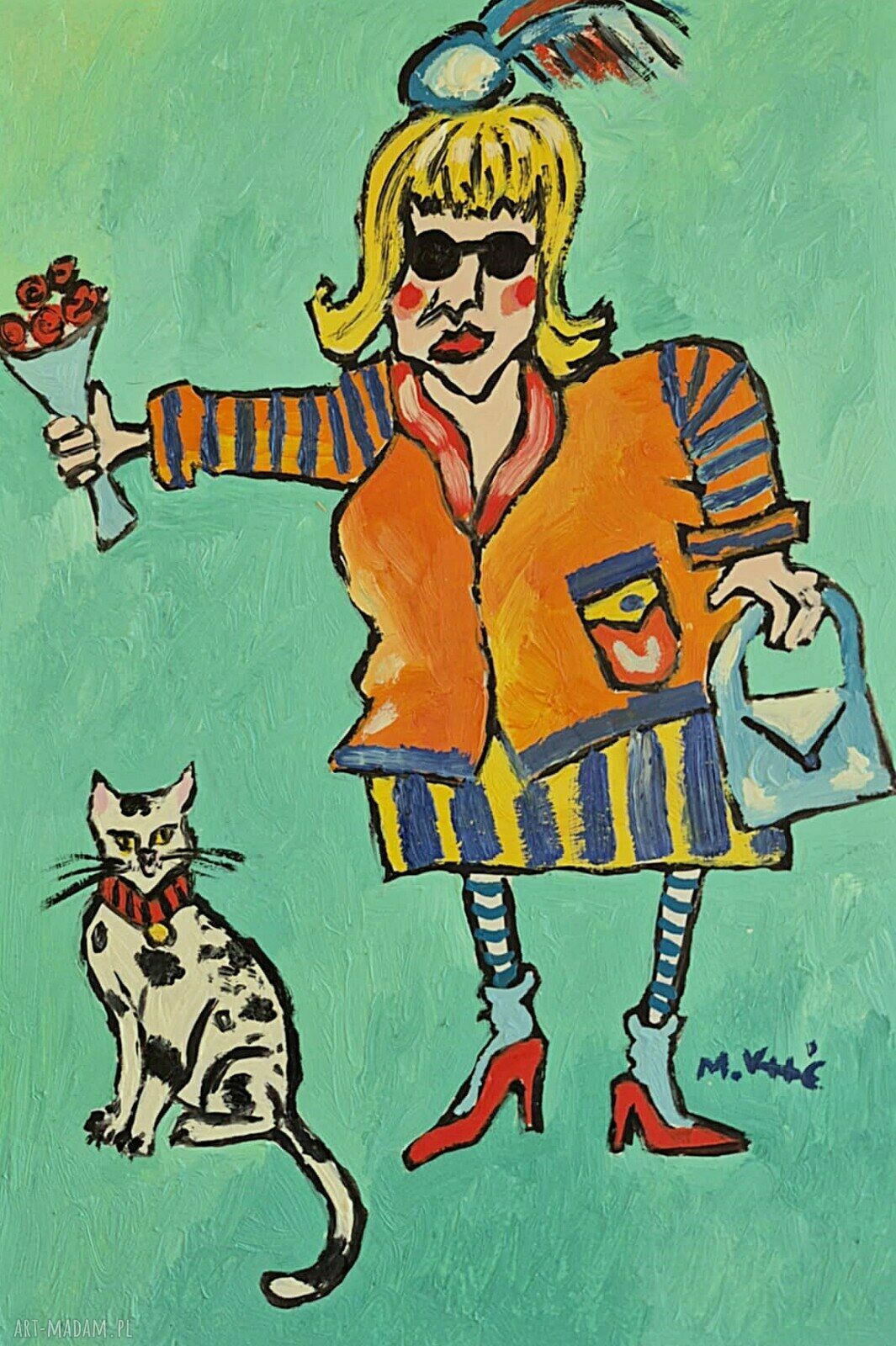 Obraz olejny „Dama i kot” dla Babci i Dziadka - 21x29 cm