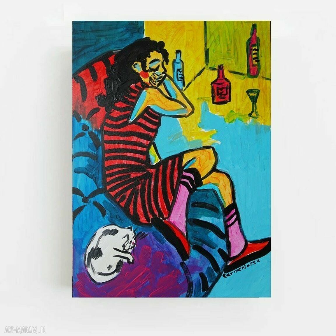 Obraz do salonu „Dziewczyna z kotem” - ręcznie malowany akrylami (30x42 cm)