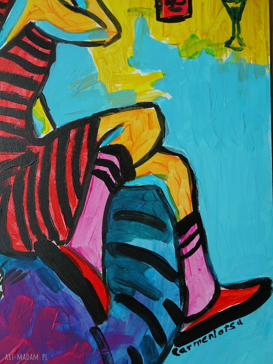 Obraz do salonu „Dziewczyna z kotem” ręcznie malowany akrylami (30x42 cm)