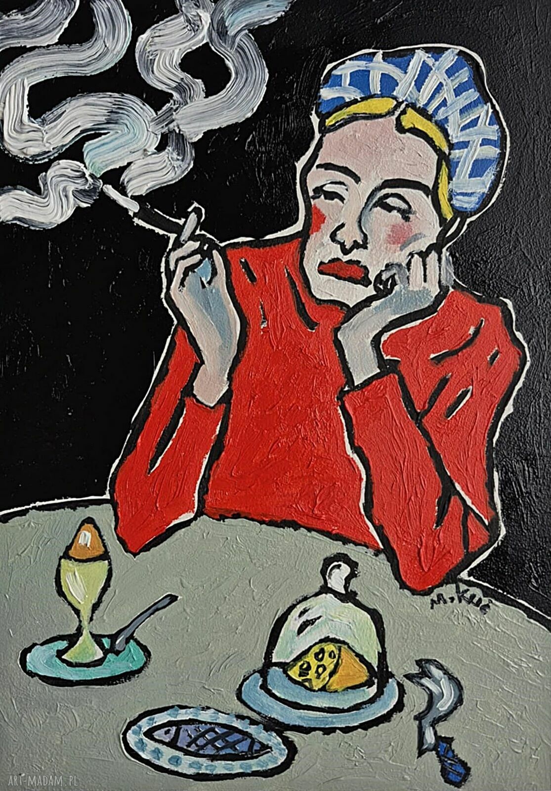Obraz olejny ręcznie malowany Babcia z pieskiem do salonu (21x29 cm) - edycja limitowana