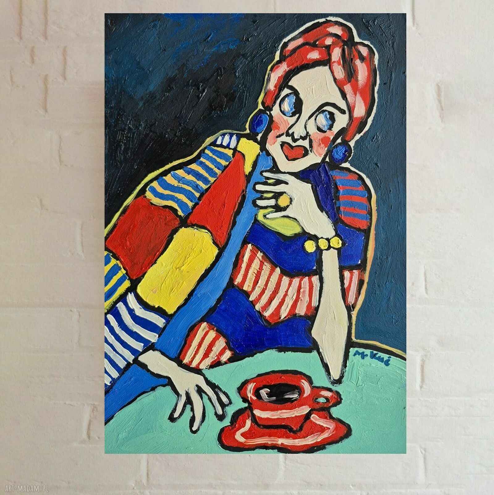 Olejny obraz ręcznie malowany do salonu - ekspresyjna kobieta w abstrakcyjnych barwach (21x29 cm)
