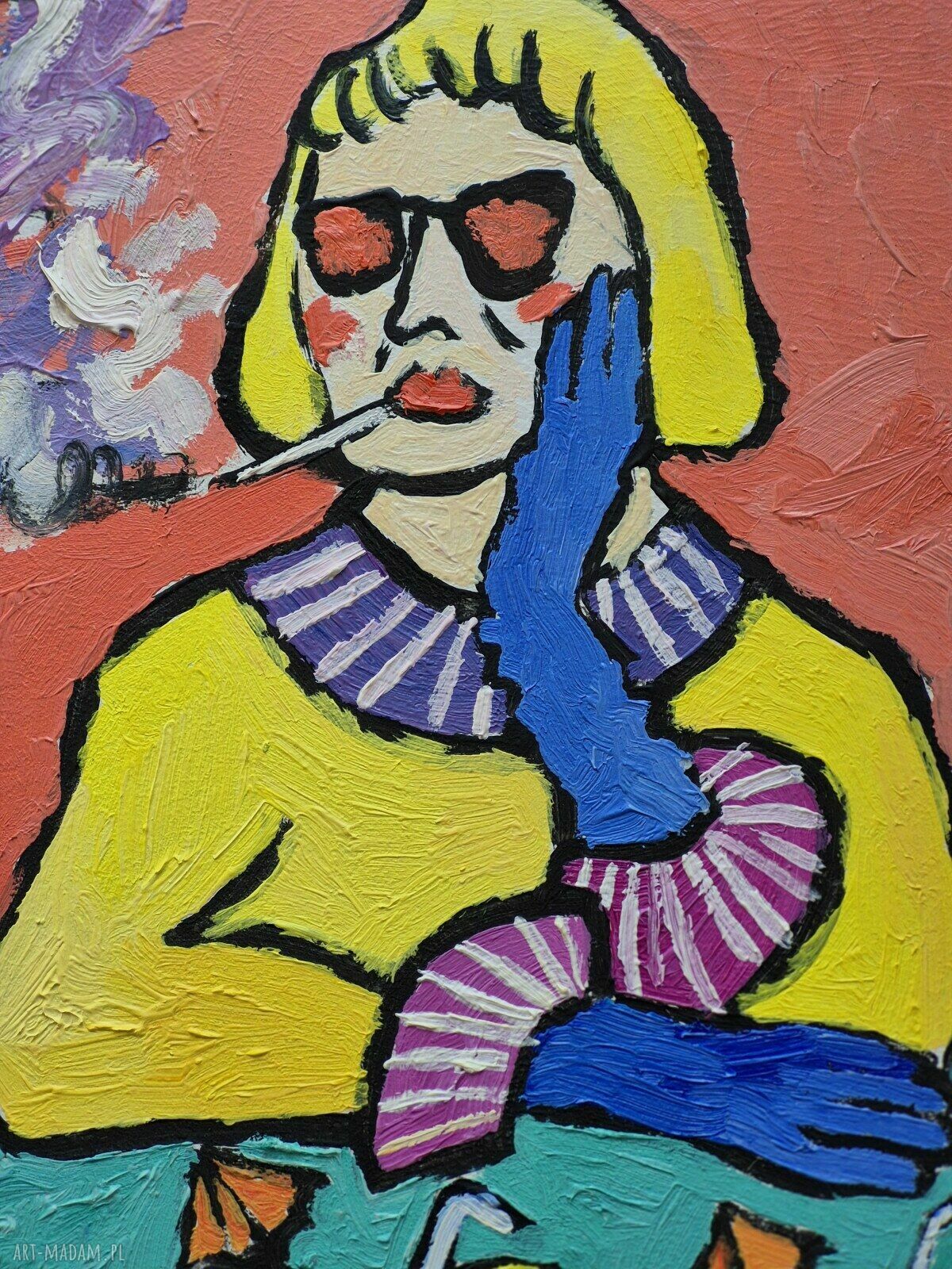 Babcia z drinkiem obraz do salonu, olej ręcznie malowany 21x29 cm