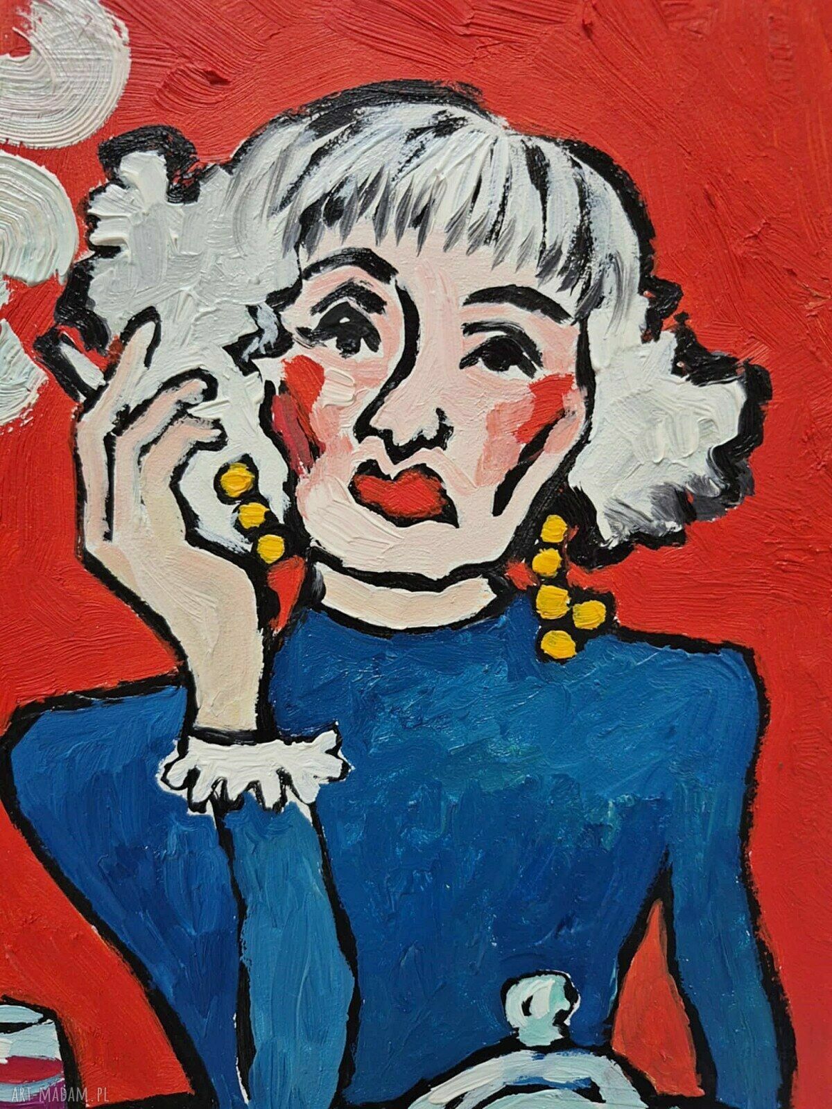 Obraz olejny „Dama wino, ser i papieros” limitowana ręcznie malowana kompozycja 21 x 29 cm