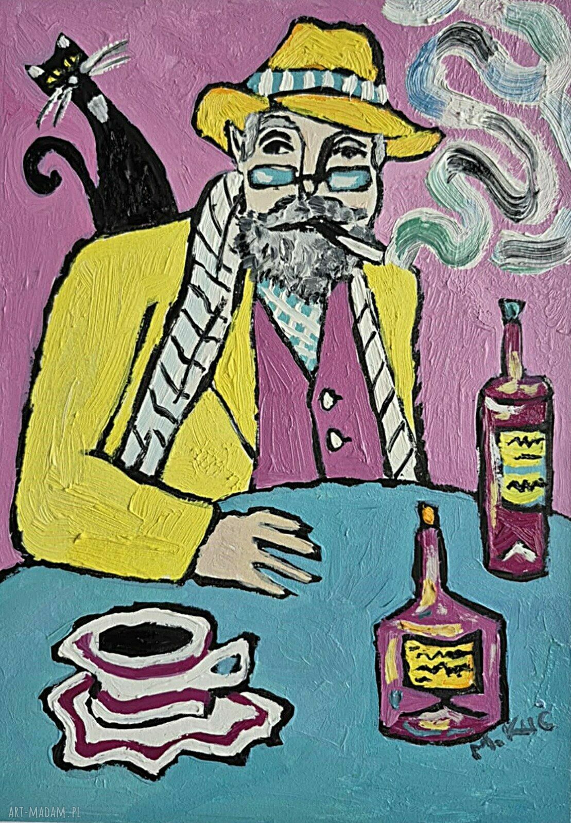 Obraz olejny „Portret dziadka” wieczór przy niebieskim stole (21/29 cm) Edycja limitowana art Madam.pl