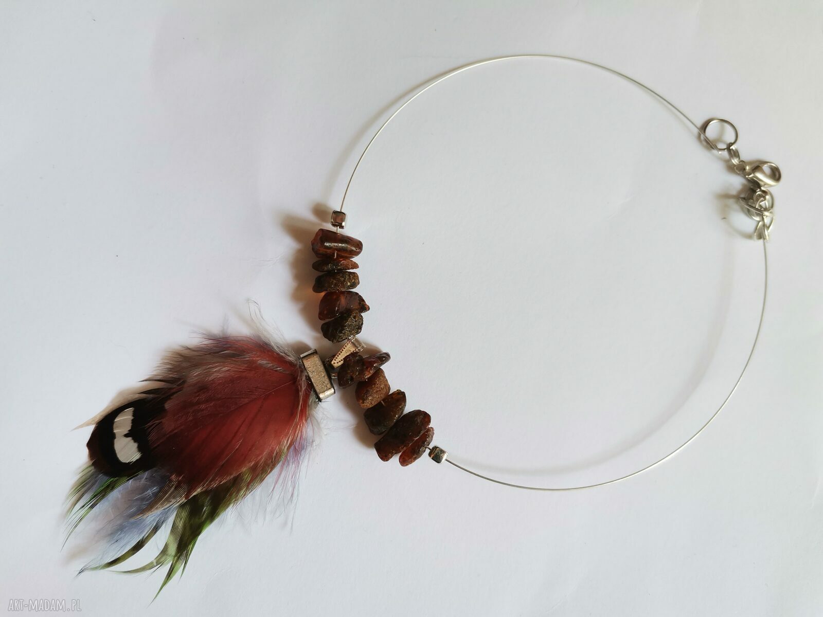 Naszyjnik obroża z piórami - choker blisko szyi (handmade boho Frida)