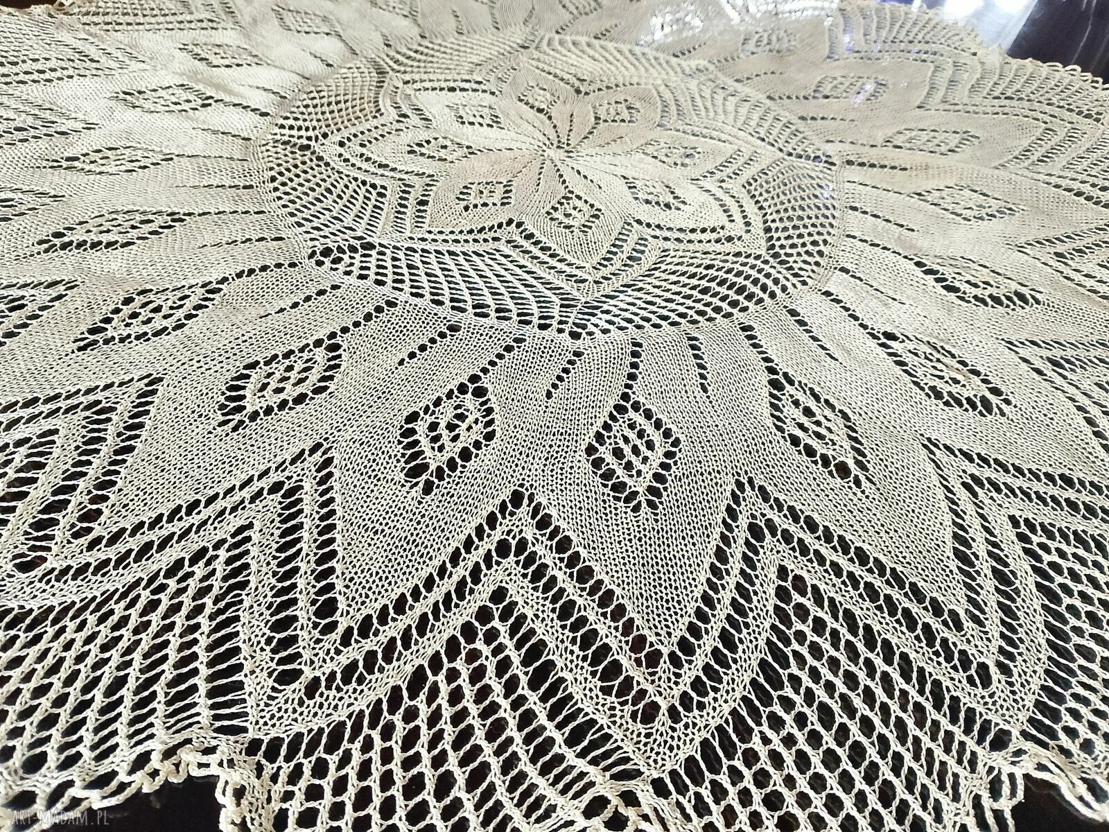 Ręcznie dziergany obrus na drutach jasno żółty - 78 cm, bawełna 100%