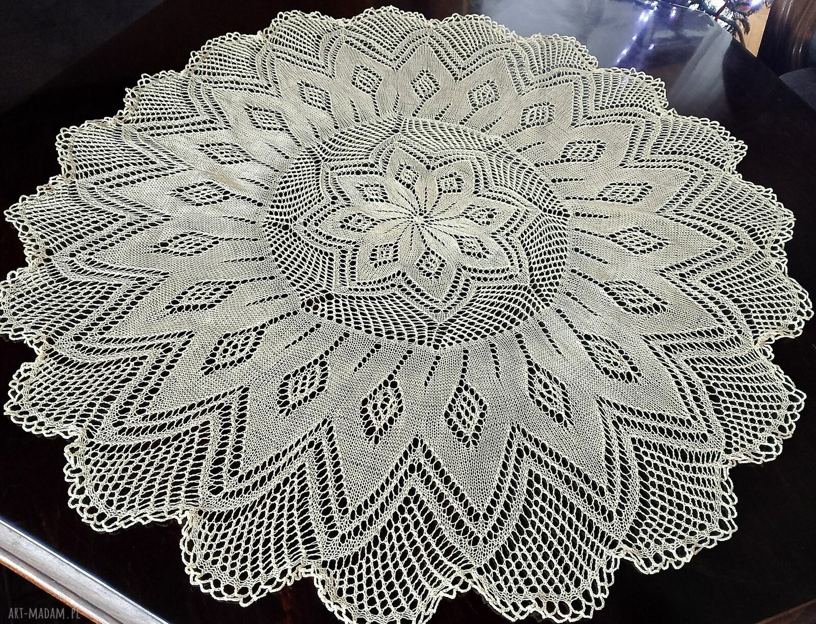 Ręcznie dziergany obrus na drutach jasno żółty - 78 cm, bawełna 100%