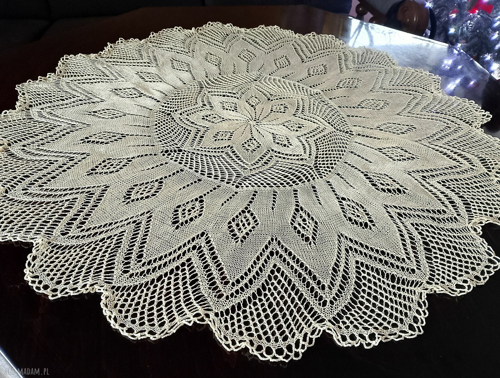 Ręcznie dziergany obrus na drutach jasno żółty - 78 cm, bawełna 100%