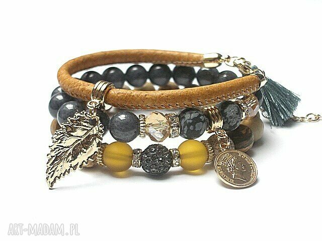 Cognac and grey vol set skóra rzemień obsydian jaspis kamienie