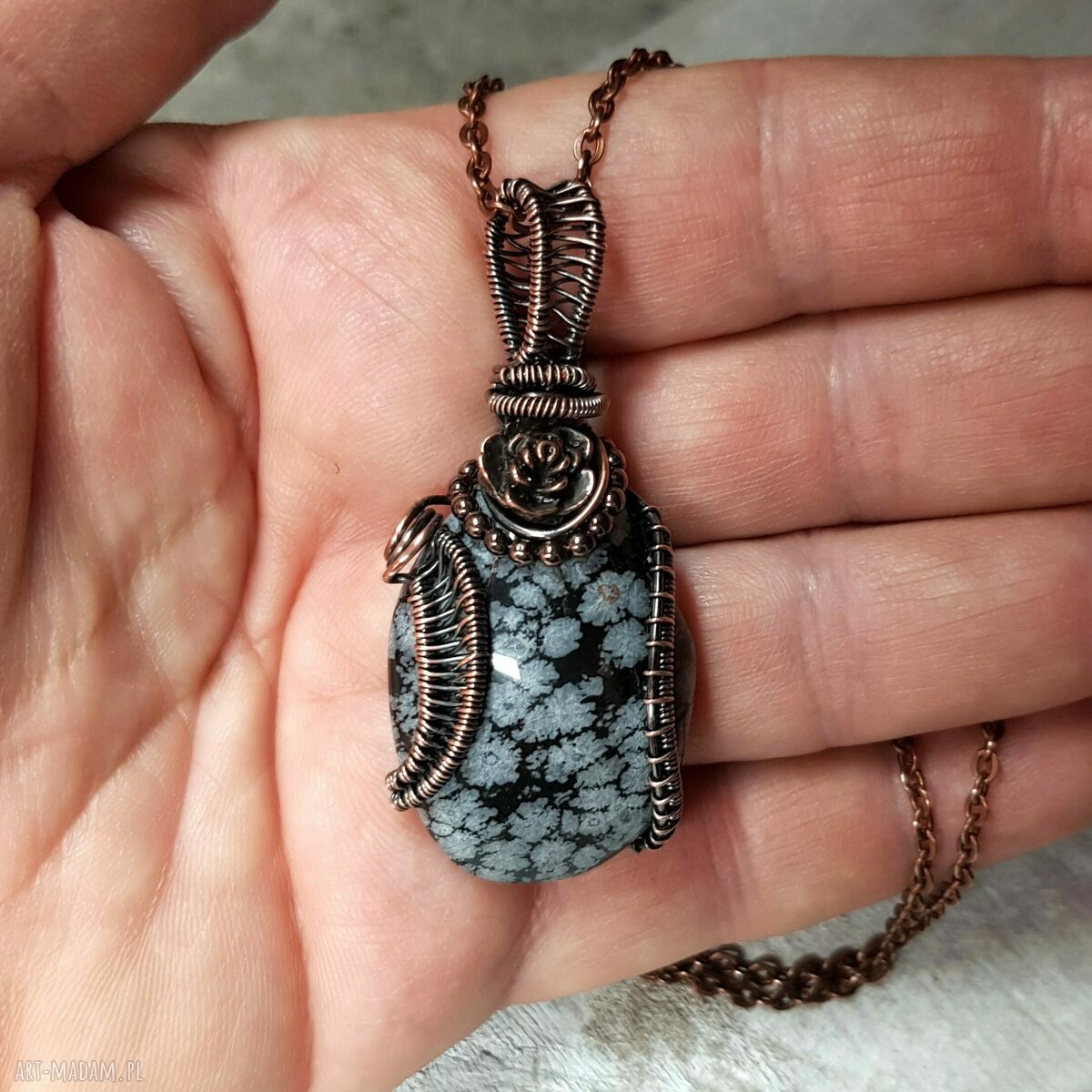 Obsydian śnieżny m241 - miedziany wisiorek wire-wrapping