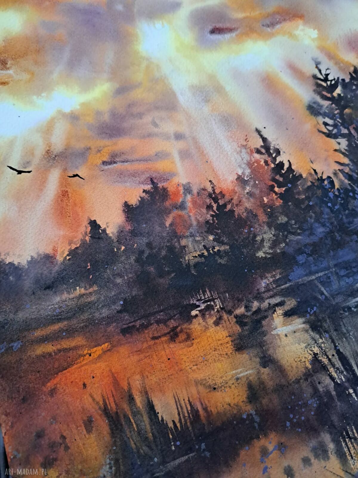 Ognisty zmierzch nad mokradłami - oryginalna akwarela 43x31 cm