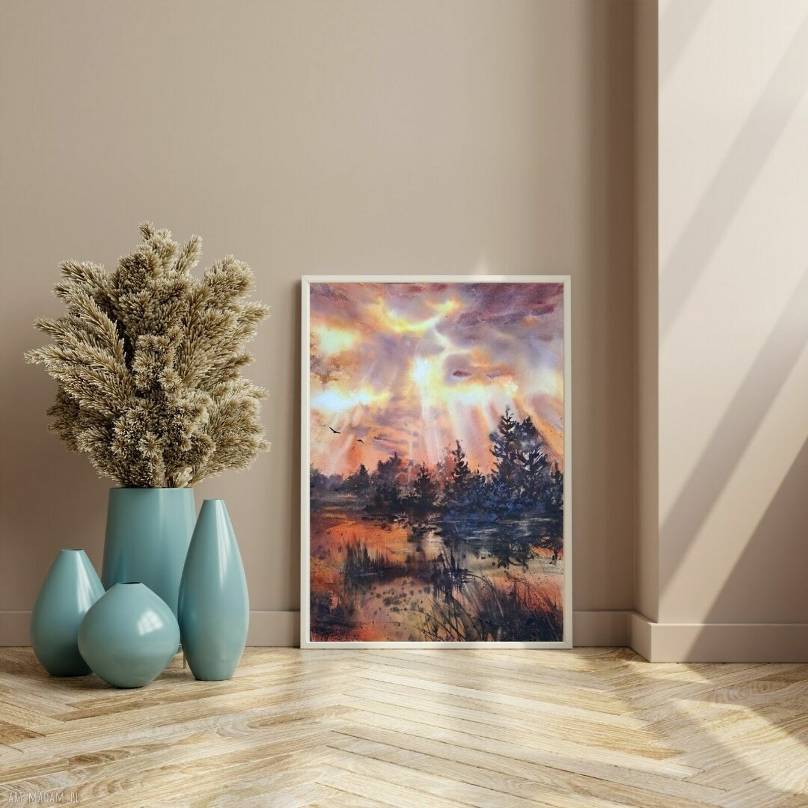Ognisty zmierzch nad mokradłami - oryginalna akwarela 43x31 cm