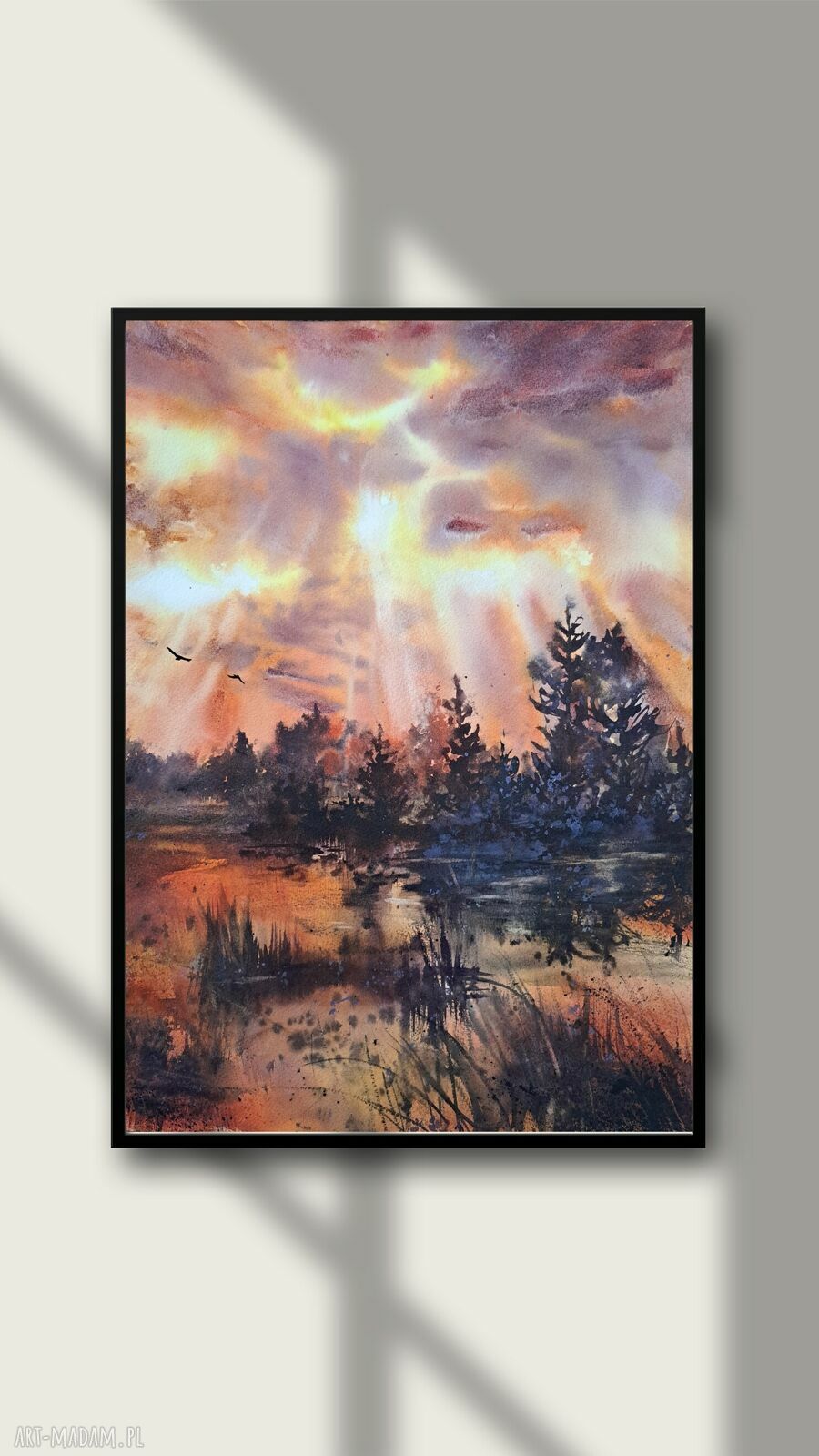 Ognisty zmierzch nad mokradłami - oryginalna akwarela 43x31 cm