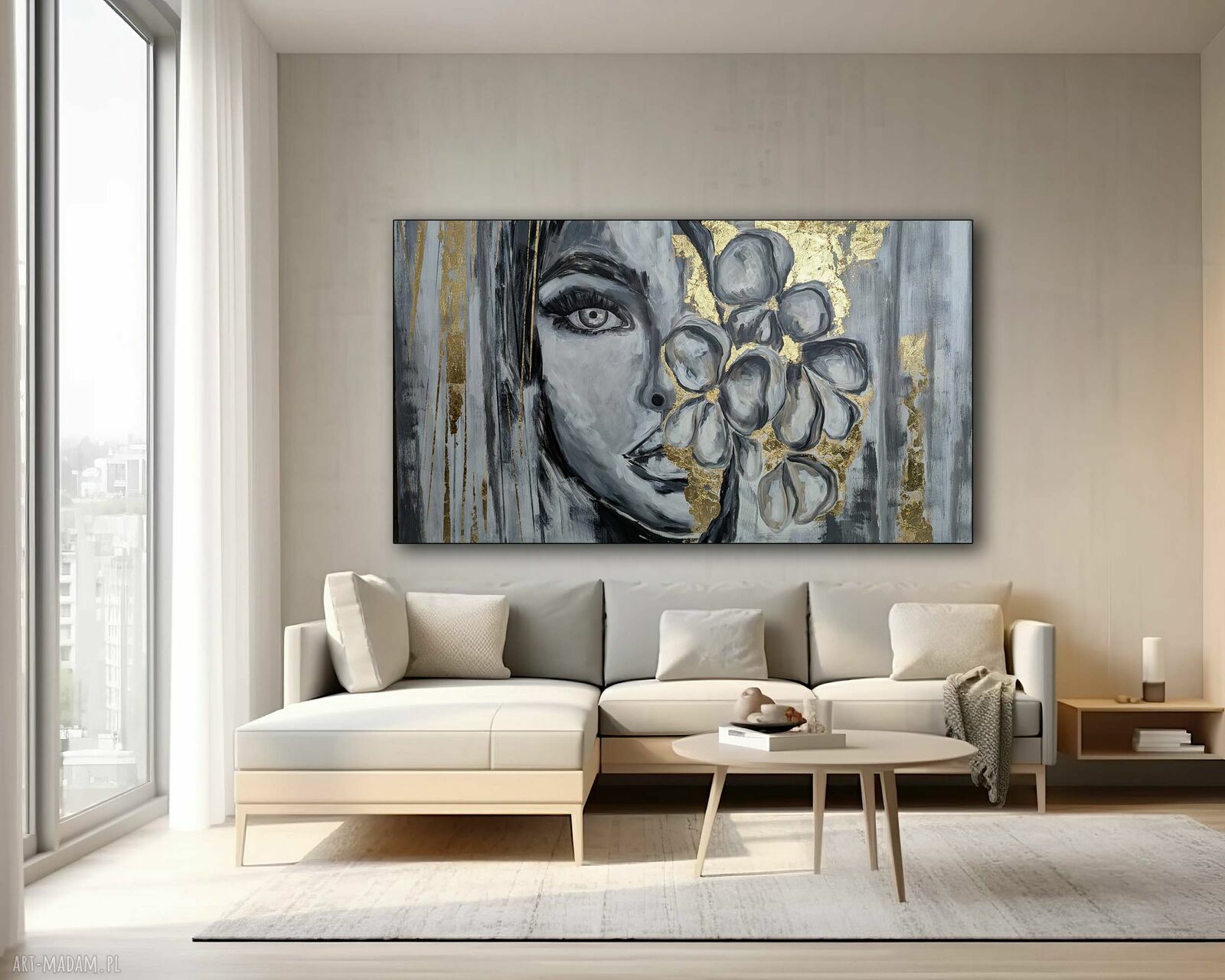 Kobiecy obraz akrylowy „Oko Duszy” 100x170 cm z płatkami złota