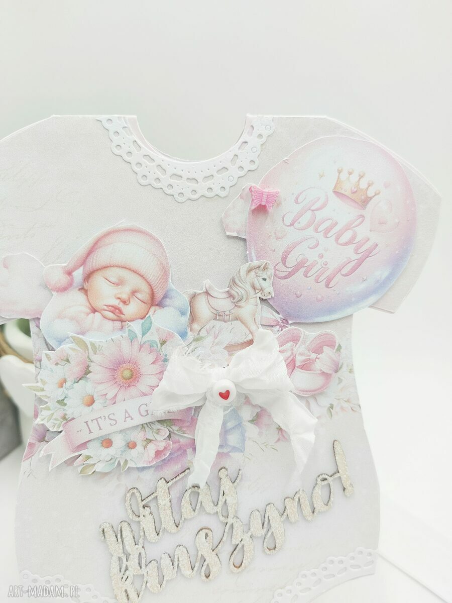Kartka okolicznościowa „Witaj Kruszyno!” w kształcie body dla dziewczynki (scrapbooking)