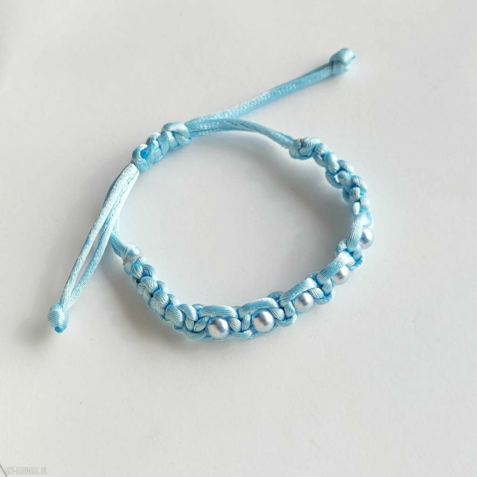 Niebieska, regulowana bransoletka ze sznurka z perłą Swarovski