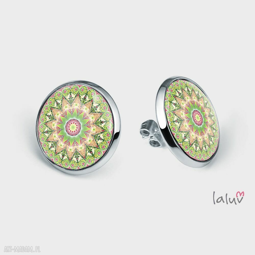 Kolczyki sztyfty GREEN MANDALA - harmonia i miłość, zielona mandala i serce