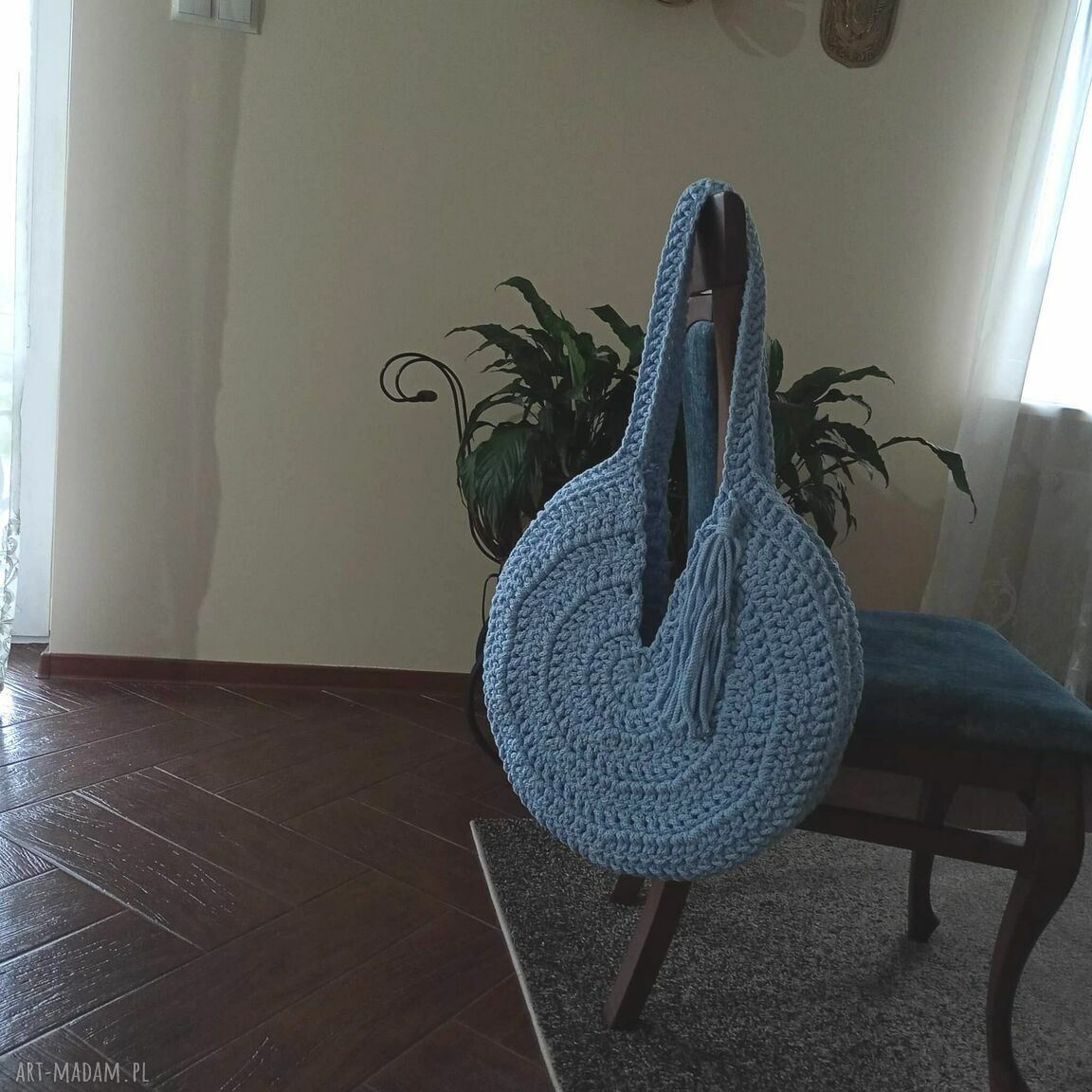 Torba okrągła ze sznurka na ramię 44 cm - szydełkowana ręcznie