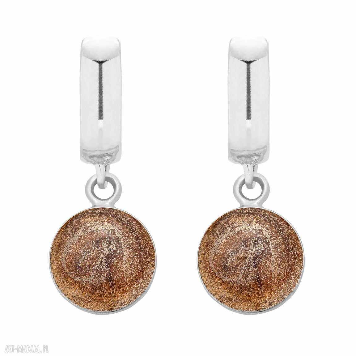 Srebrne kolczyki brązową wiszące okrągłe żywica eleganckie