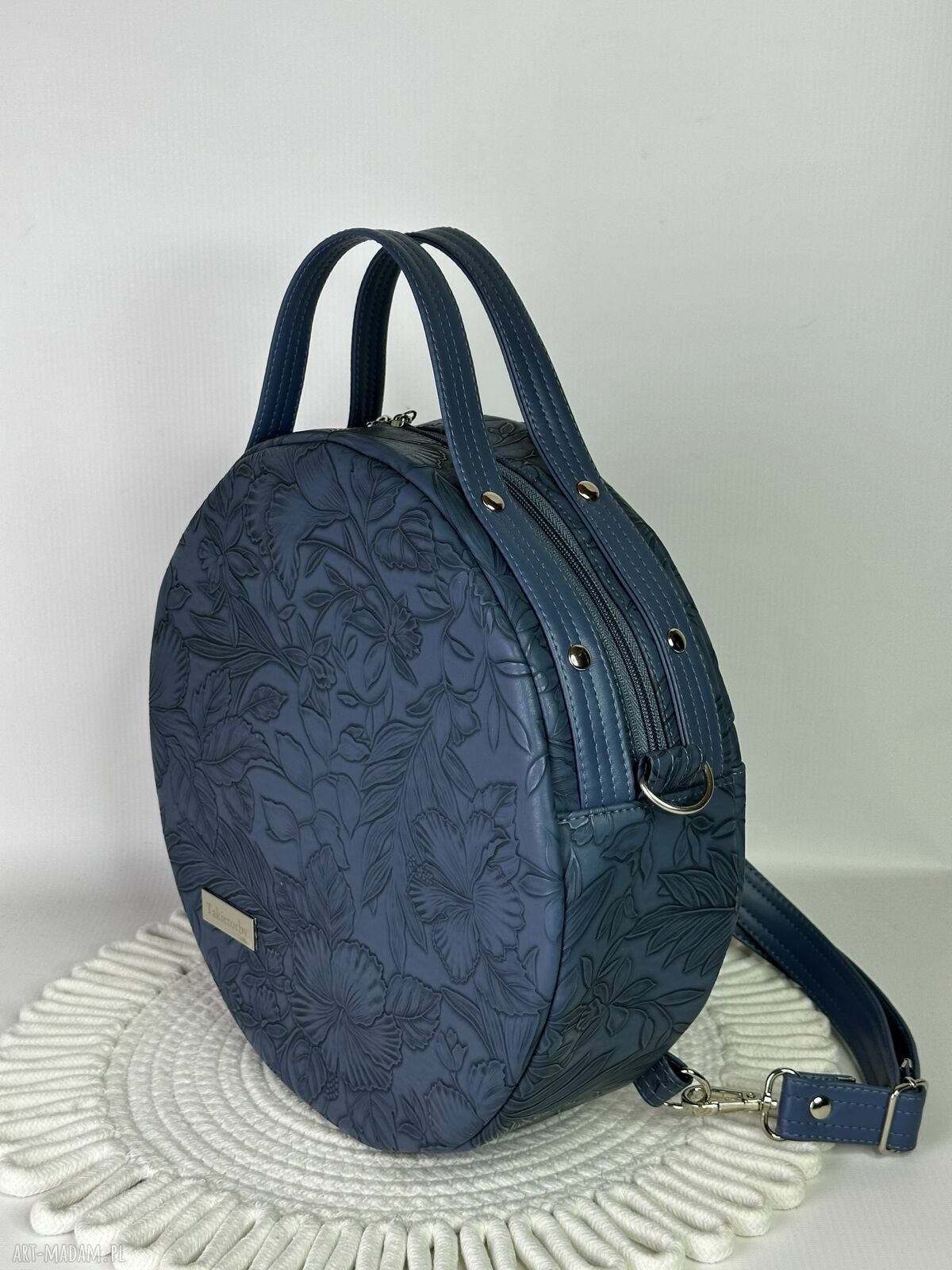 Okrągły plecak damski i torebka 2w1 z kosmetyczką - kwiaty denim