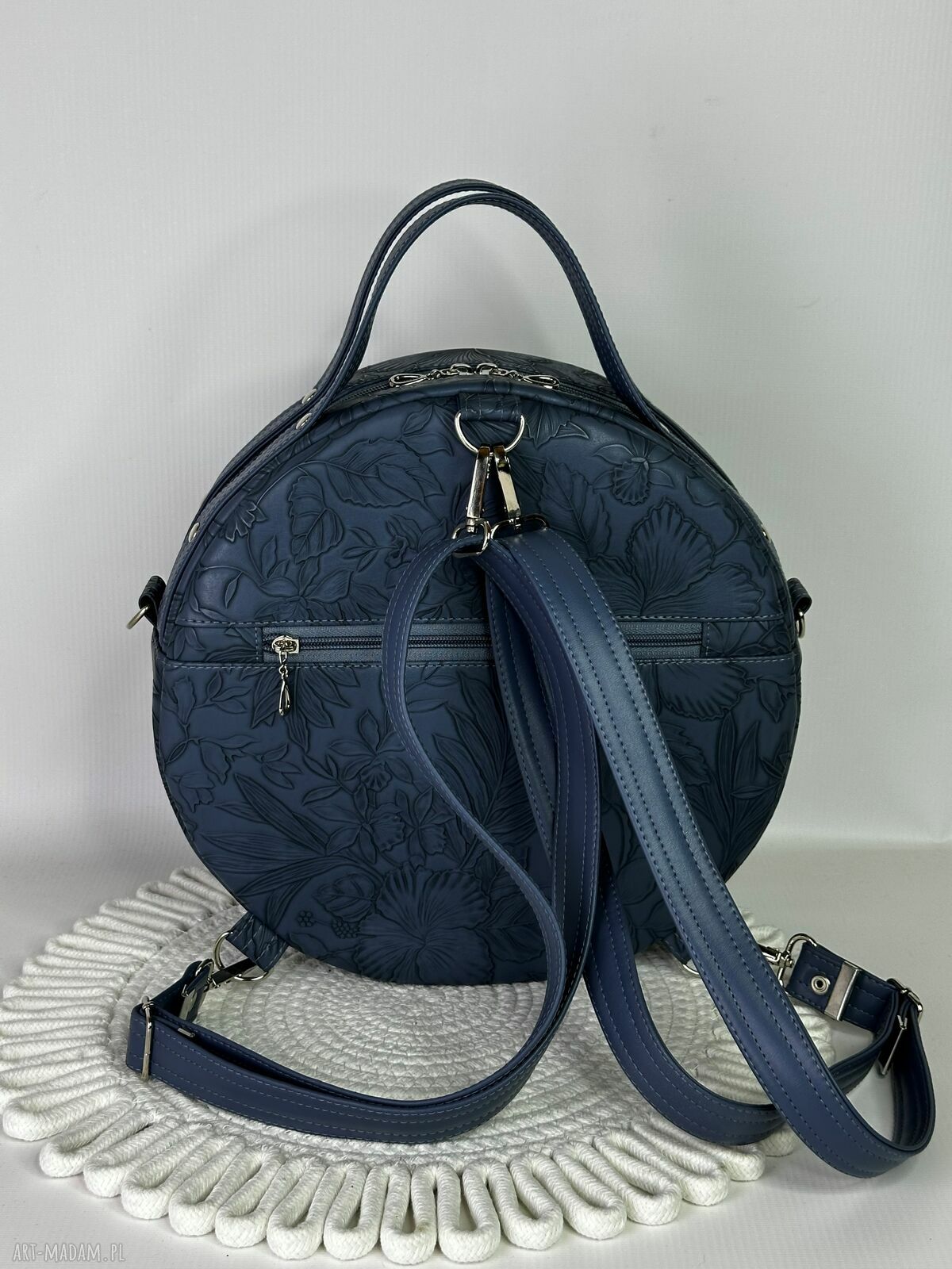 Okrągły plecak damski i torebka 2w1 z kosmetyczką - kwiaty denim
