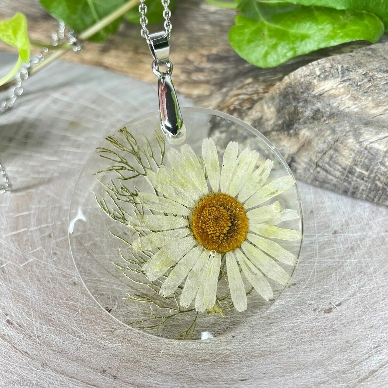 Okrągły wisiorek z suszonym rumiankiem - Herbarium Jewelry, żywica i stal chirurgiczna