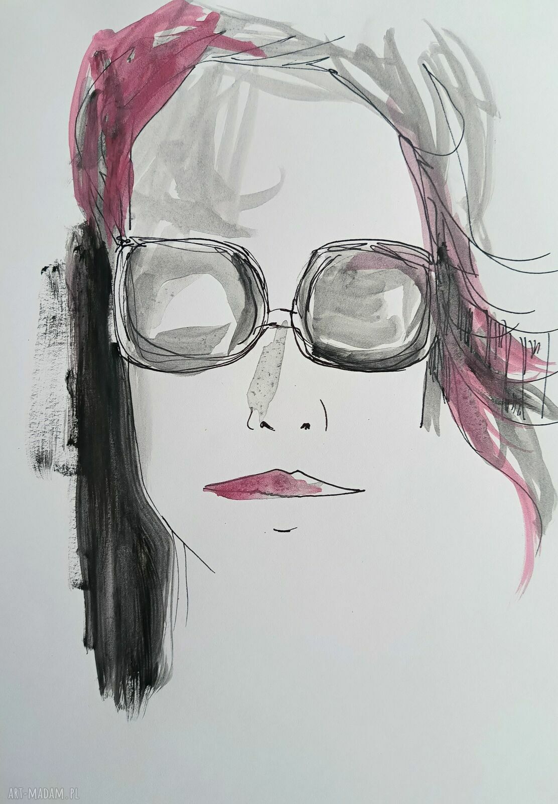 Akwarelowy portret kobiety w okularach - oryginalna grafika A4