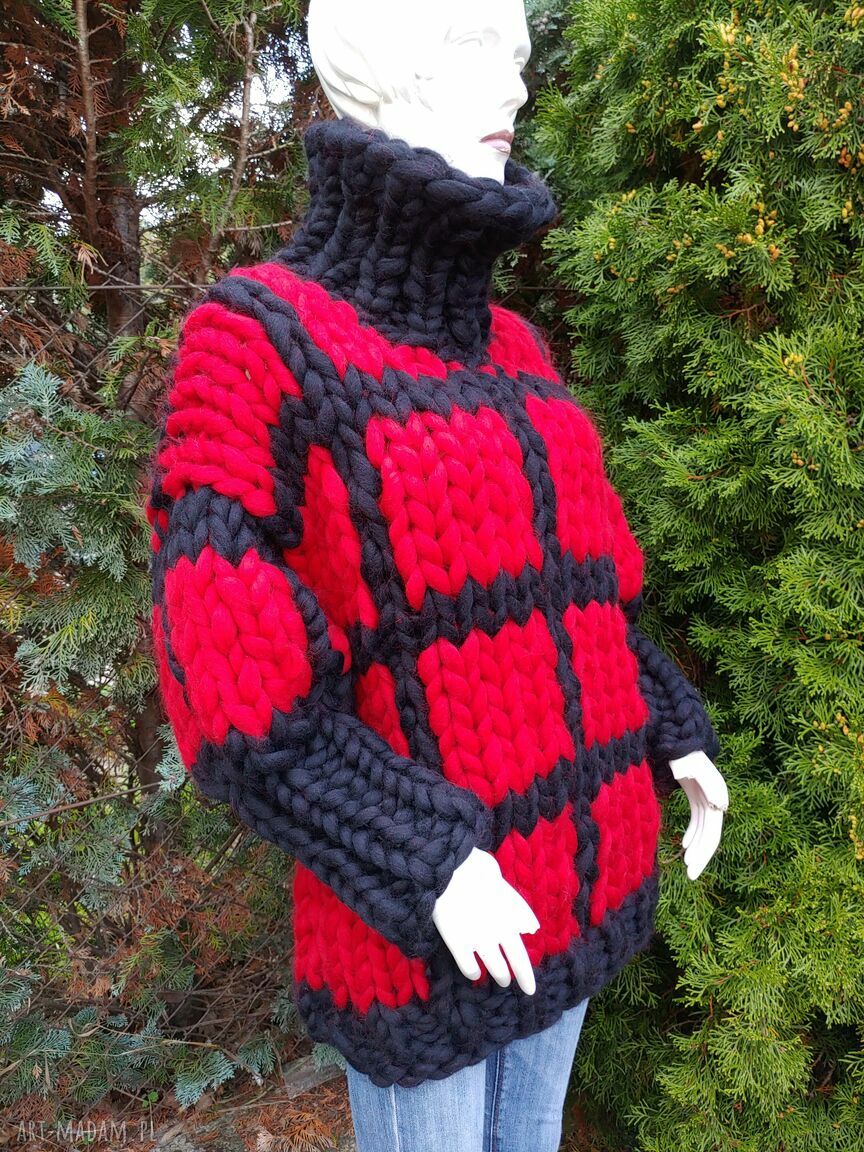 Olbrzymi sweter z golfem w kratę z 100% wełny merynosa