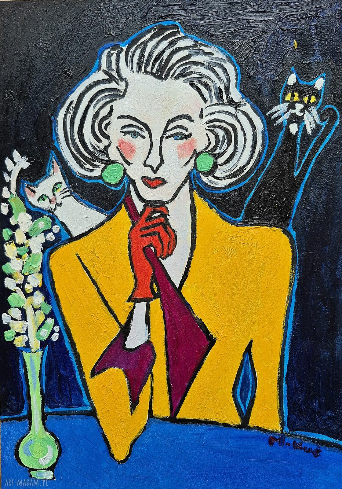 Obraz olejny Dwa oblicza Ewy - ręcznie malowany portret kobiety z kotami