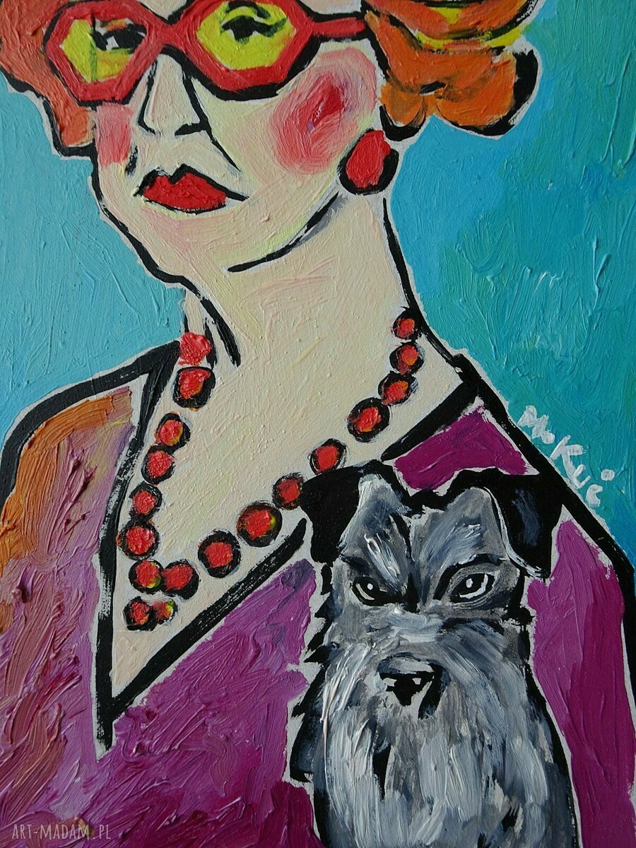 Autorski obraz akrylowy Babcia ze sznaucerem do salonu (A4)