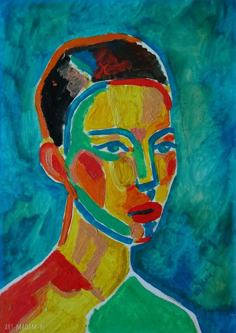 Autorski portret kobiety w stylu fowizm - obraz akrylowy 21x29 cm