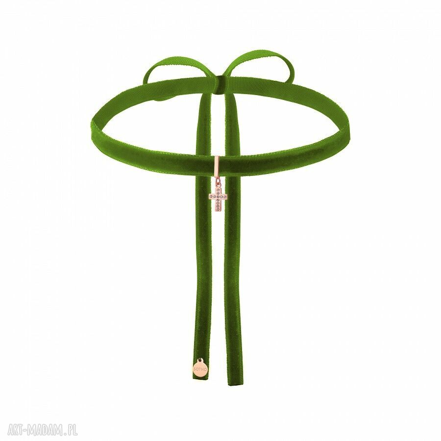 Oliwkowy aksamitny choker krzyŻykiem rÓŻowego zŁota wysadzanym