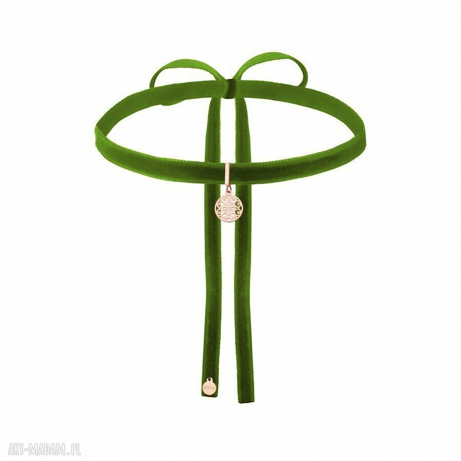 Oliwkowy aksamitny choker rozetkĄ rÓŻowego zŁota modny zawieszka