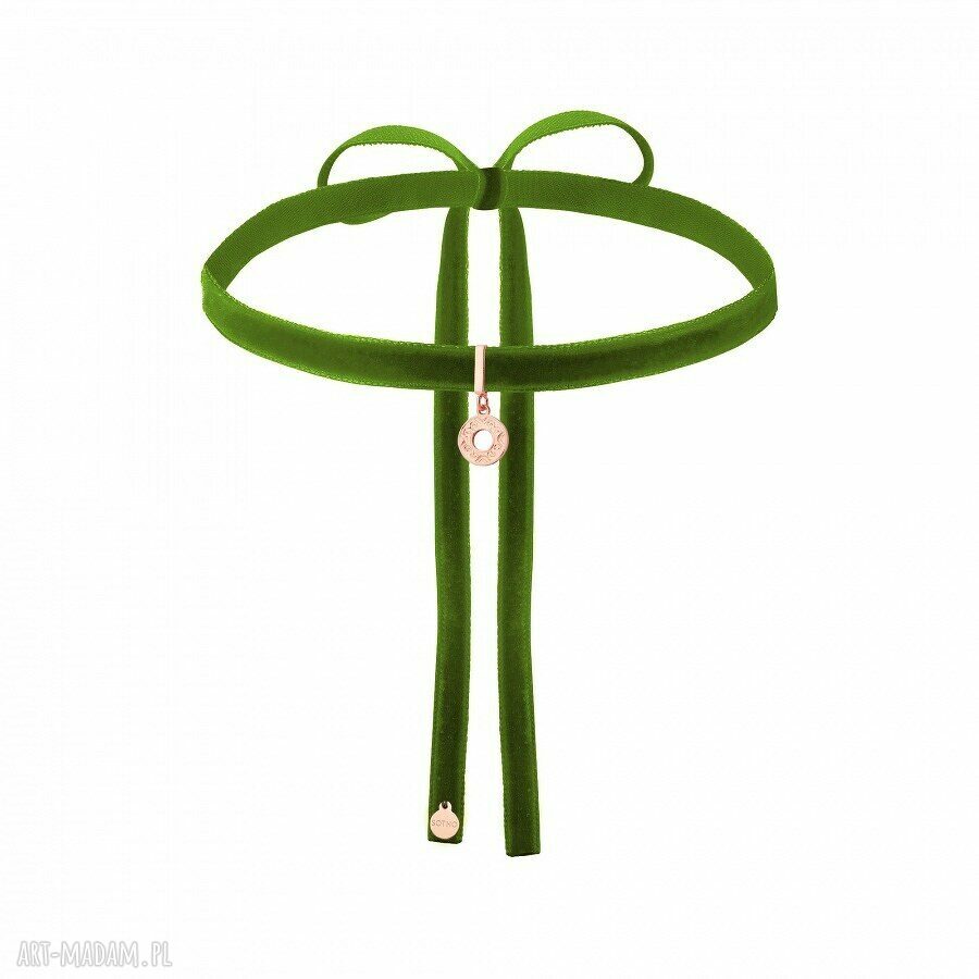 Oliwkowy aksamitny choker rozetkĄ rÓŻowego zŁota modny zawieszka