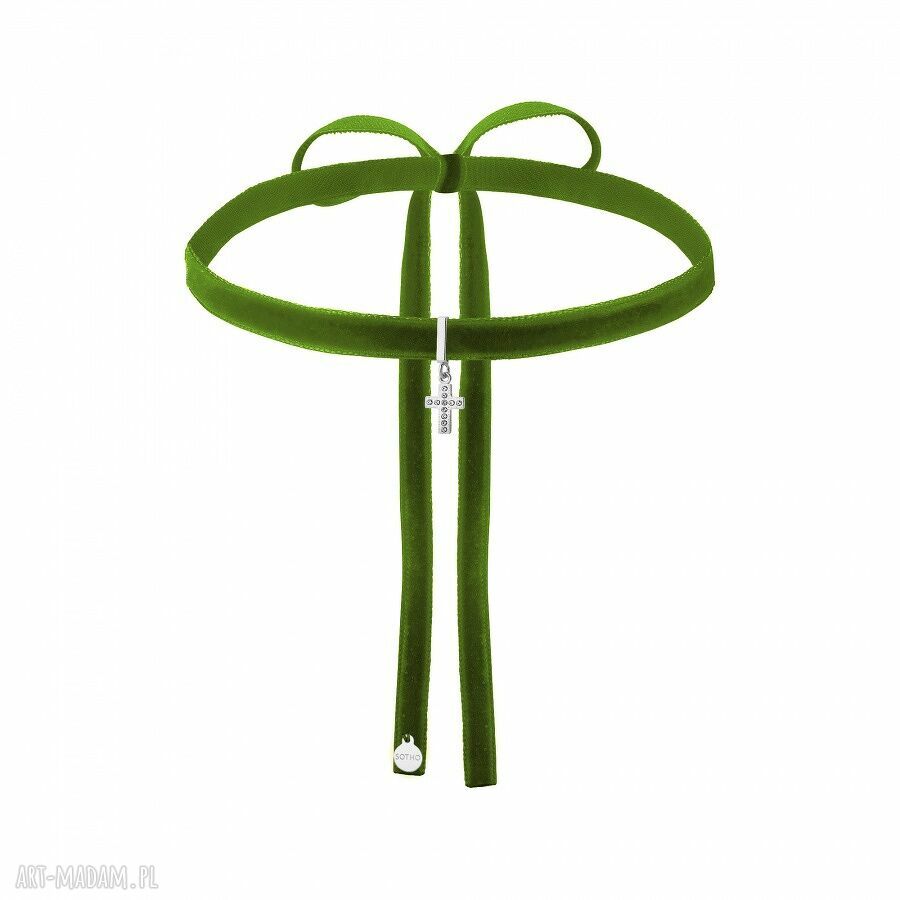 Oliwkowy aksamitny choker srebrnym krzyŻykiem wysadzanym