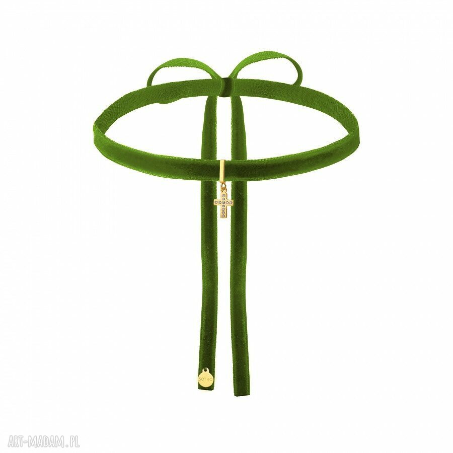 Oliwkowy aksamitny choker zŁotym krzyŻykiem wysadzanym swarovski®