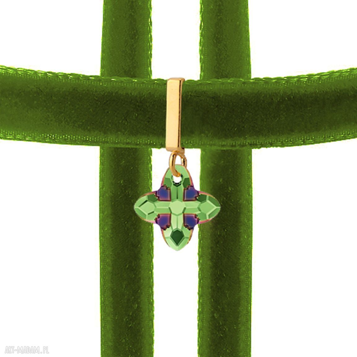 naszyjniki: Oliwkowy choker z krzyżem SWAROVSKI zielony ręcznie wykonane