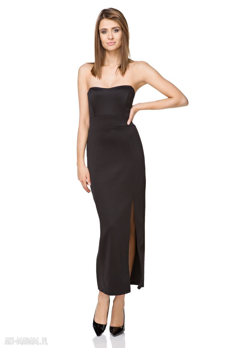 Ołówkowa Sukienka Maxi z Rozcięciem T242 Czarna - ღ 