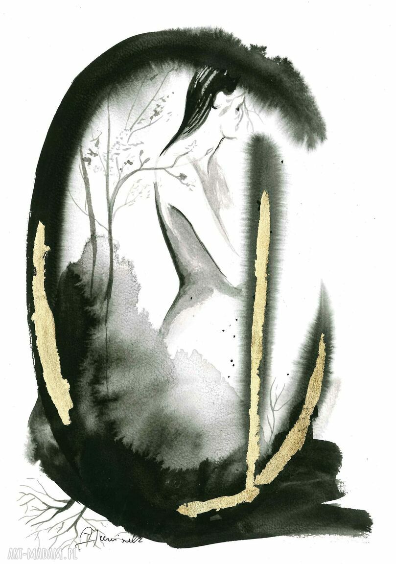 Autorska grafika „Ona” ręcznie malowana i złocona 21 x 30 cm